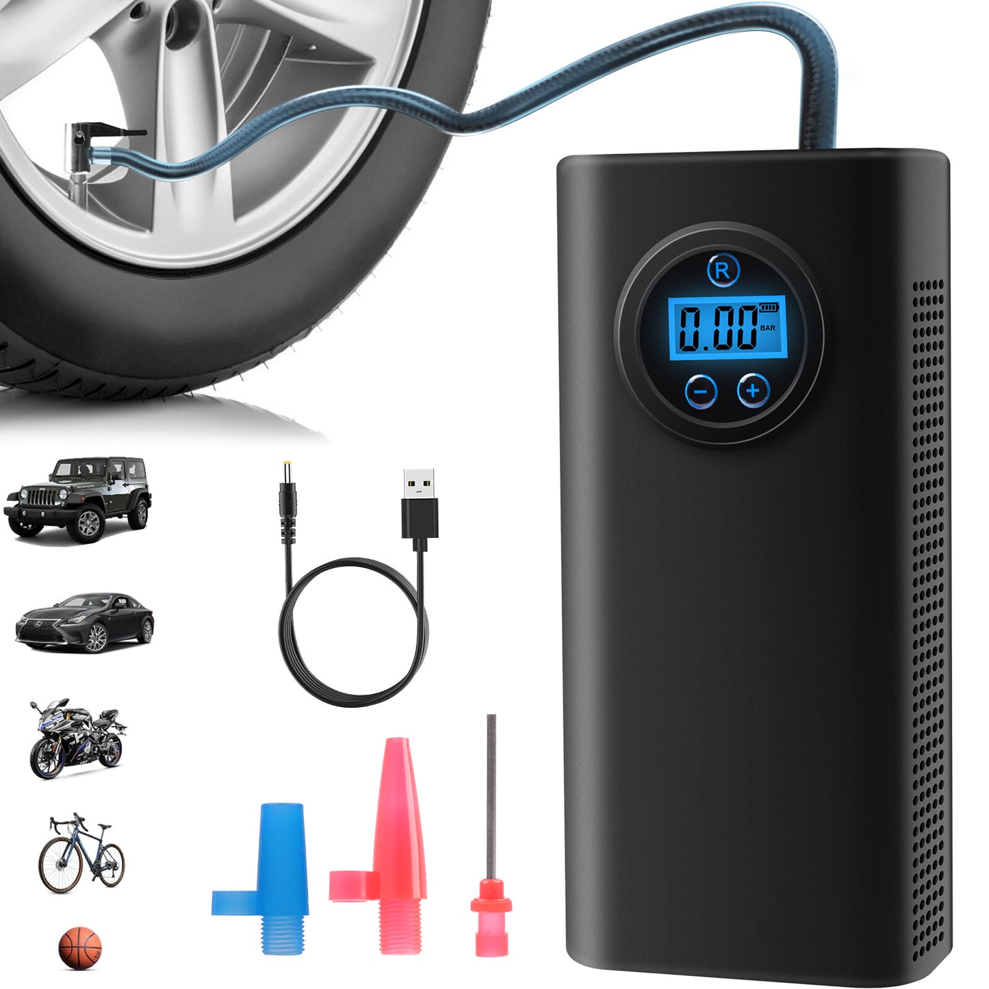 Cordless Digital Car Tire Inflator - USB Rechargeable 12V Air Compressor Pump
