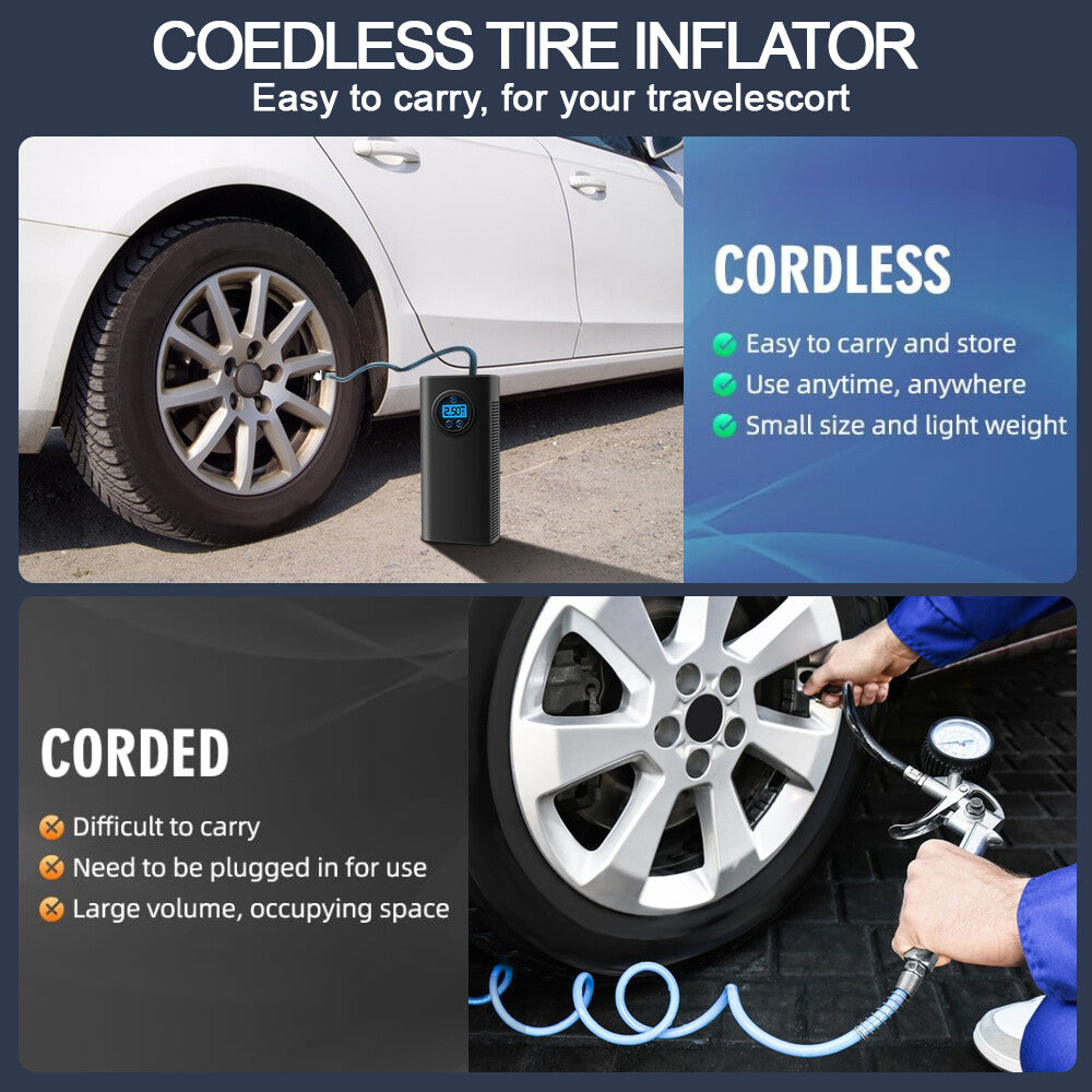 Cordless Digital Car Tire Inflator - USB Rechargeable 12V Air Compressor Pump