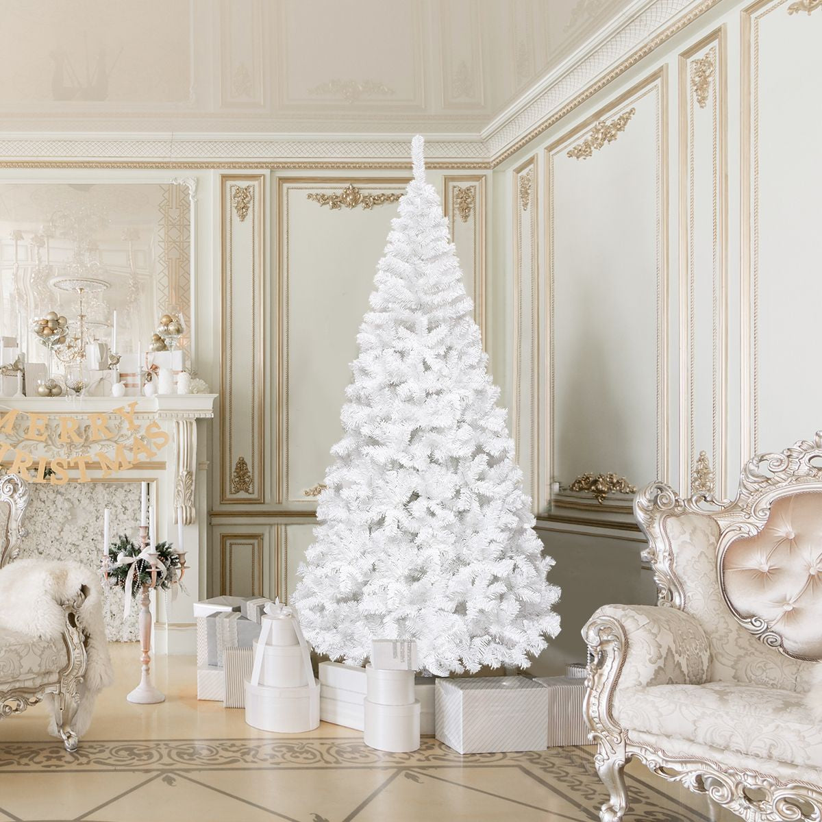 5/6/7/8 Feet White Artificial Christmas Tree with Metal Stand