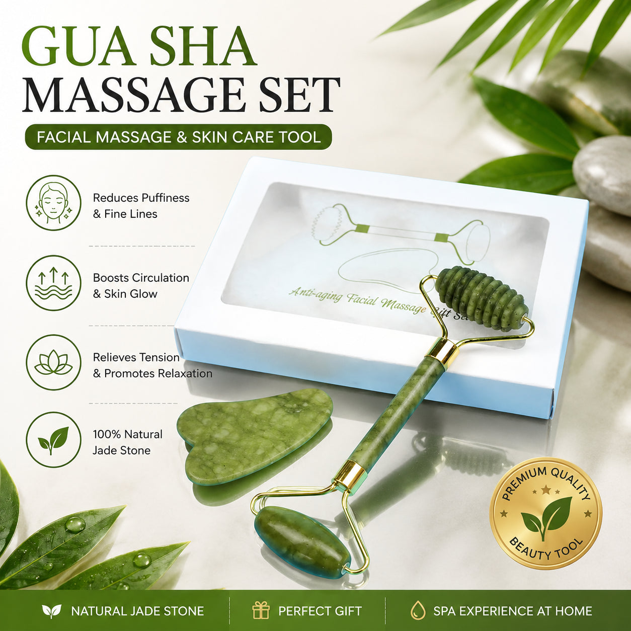 Gua Sha and Face Jade Roller Box Set Facial Beauty Body anti Ageing Tools