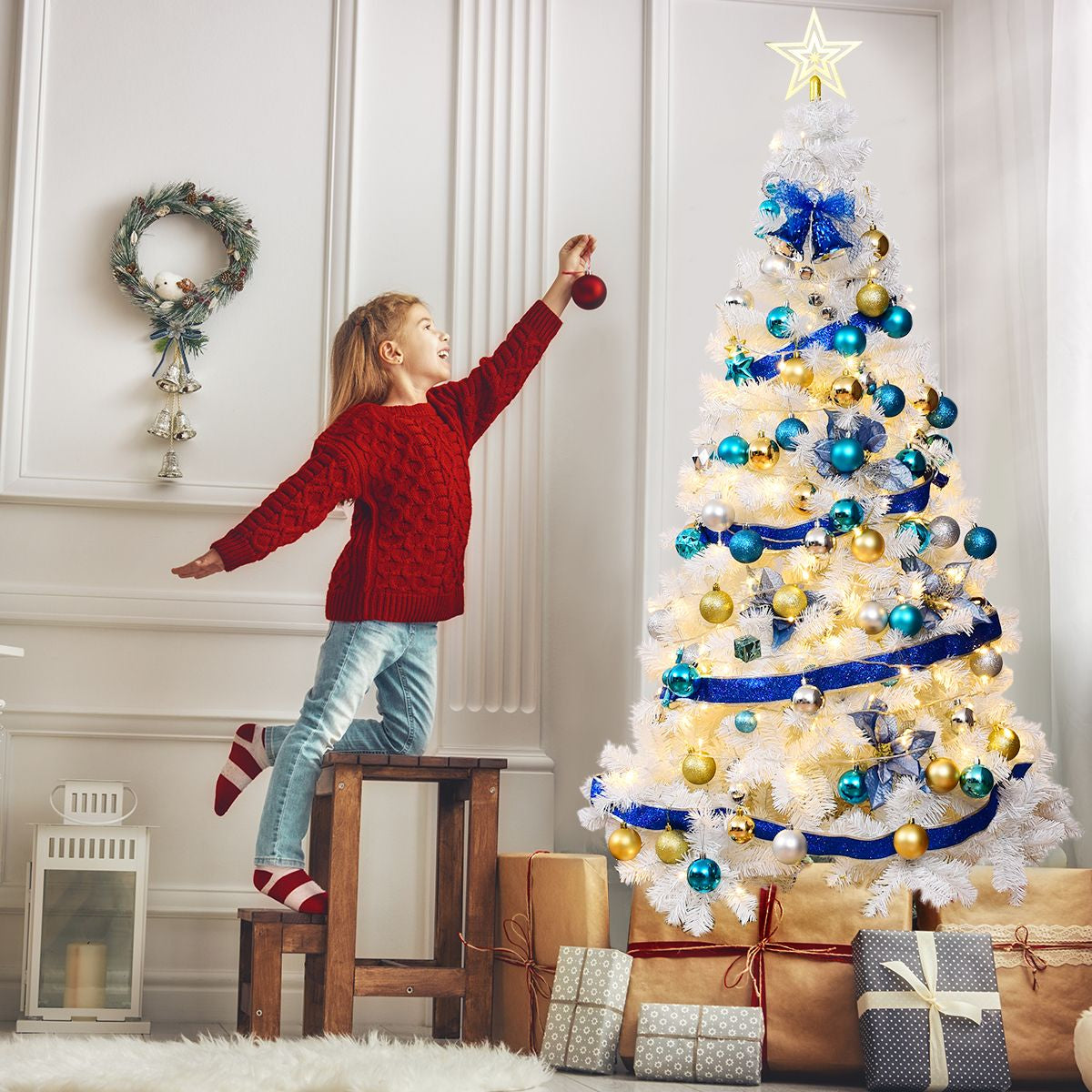 5/6/7/8 Feet White Artificial Christmas Tree with Metal Stand
