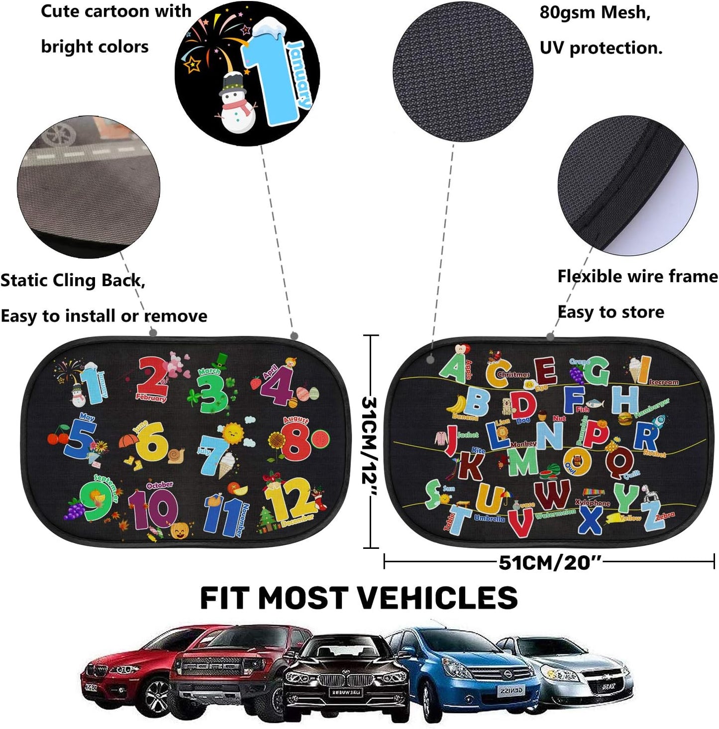 Car Sun Shade for Baby Kids 2PCS, Static Cling Side Window Car Annimal Elephant Lion, 80GSM Rear Sunshades Universal with 8 Suction Cups and Storage Bag - Sun Glare and UV Rays Protection