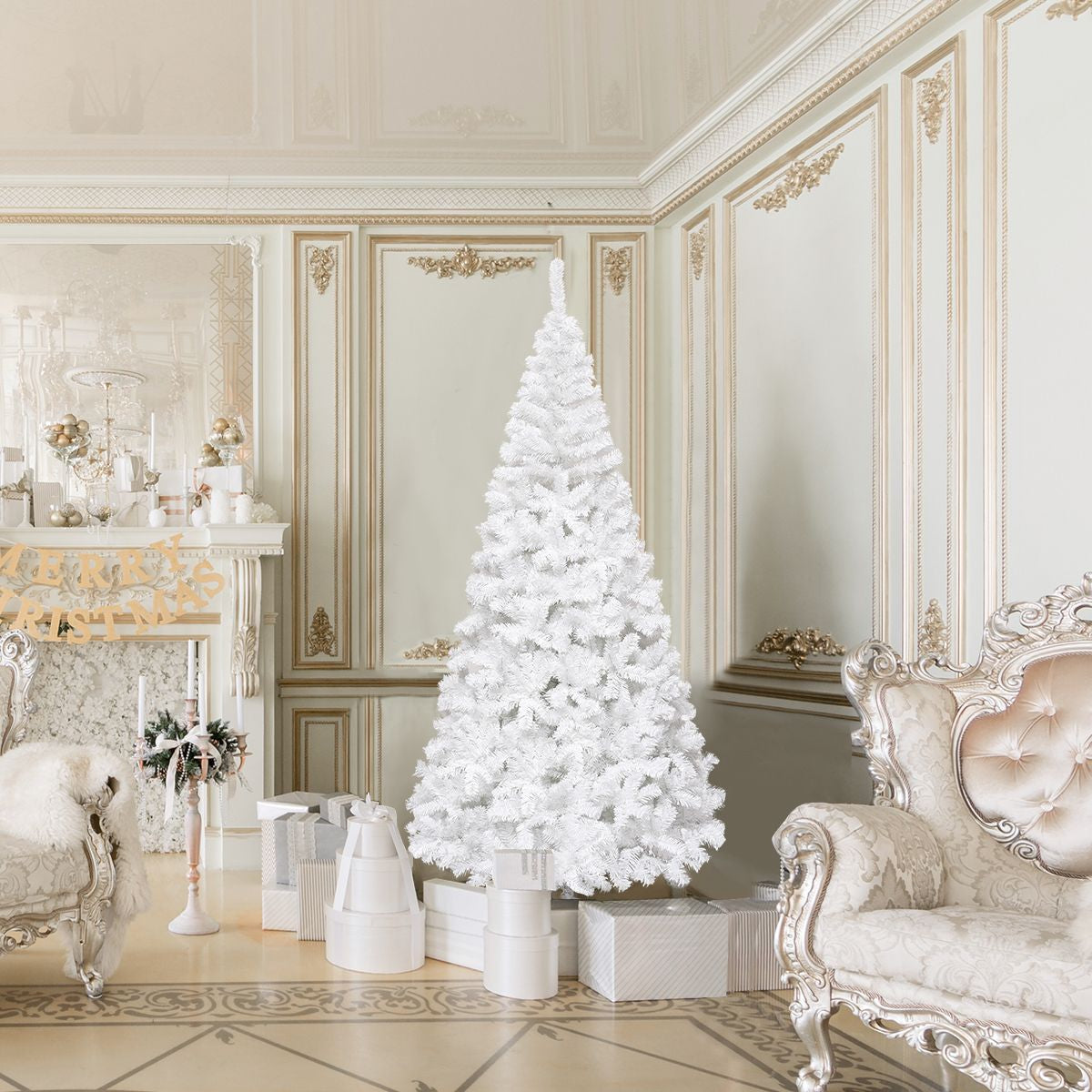 5/6/7/8 Feet White Artificial Christmas Tree with Metal Stand